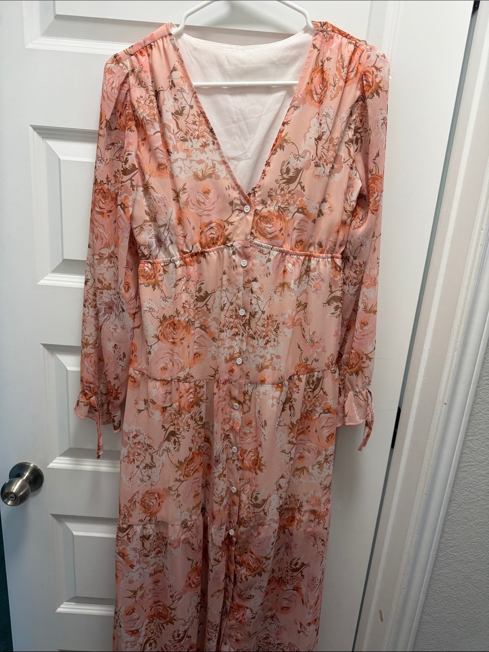 Floral Button-Front Maxi Dress in Blush Peach